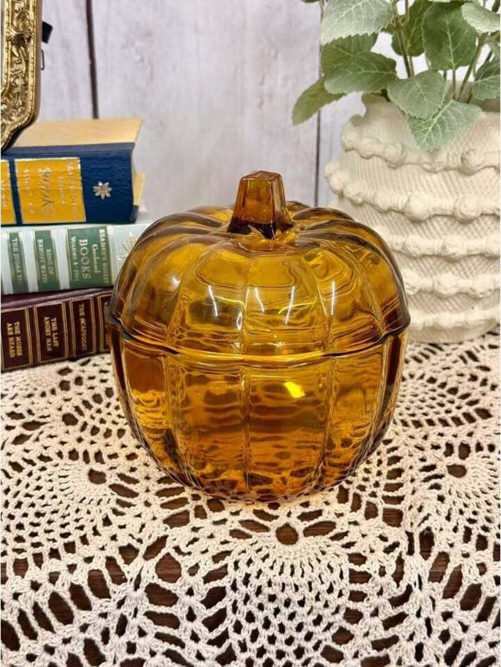 Anchor Hocking Amber Glass Pumpkin Covered Candy Dish Jar Fall Decor
